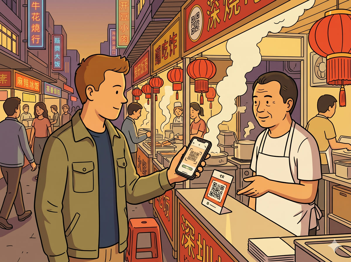 Scanning to pay at a Shenzhen street food stall