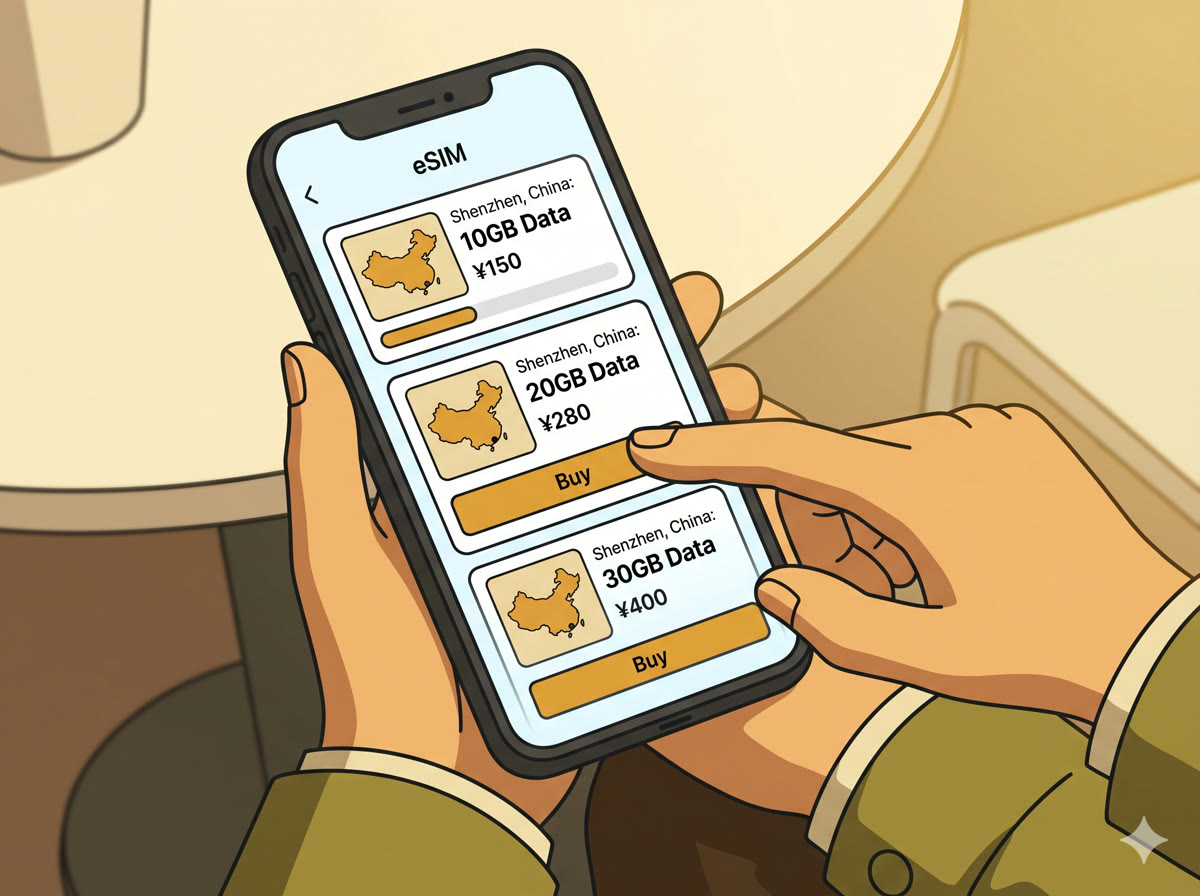 Choosing an eSIM data plan in the app — selecting a Shenzhen China package